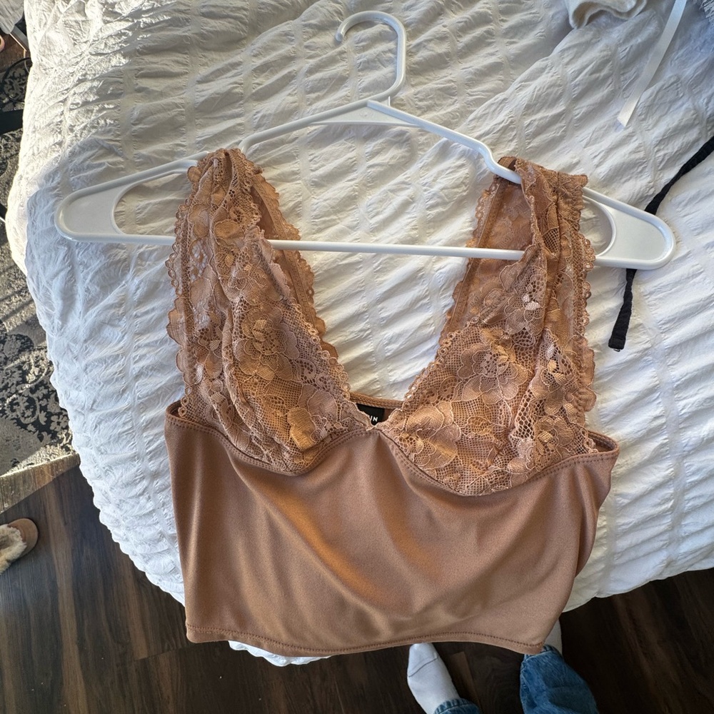 Lace Trimmed Tan crop tank